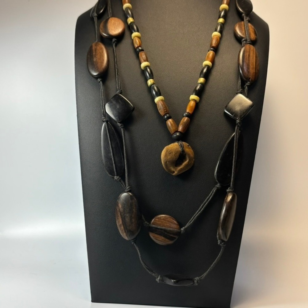 Vintage Wood Bead Rope Necklace Lot Brown Black Eclectic Boho Adjustable